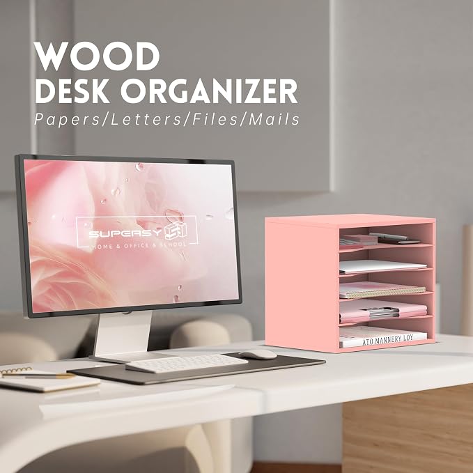 5 Tier Wood Desk Organizer, Mail Sorter and Paper Organizer - Image 2