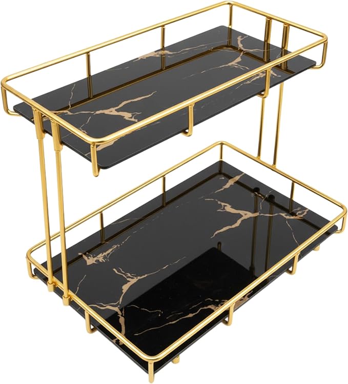 2-Tier Black Marble Bathroom Countertop Organizer – Glass Shelves & Gold Metal - Image 7
