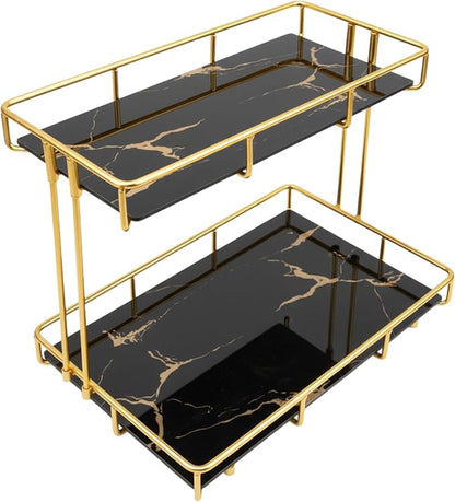 2-Tier Black Marble Bathroom Countertop Organizer – Glass Shelves & Gold Metal - Image 7