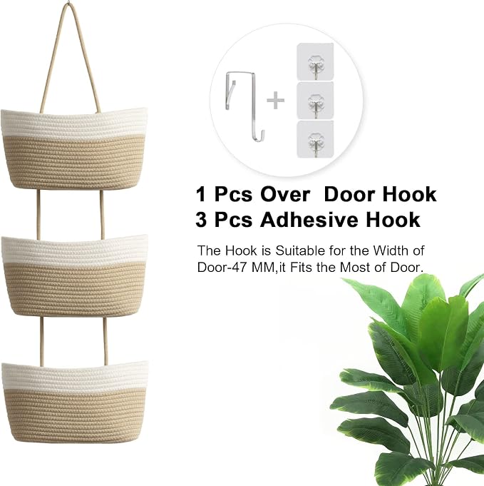 TeoKJ Over the Door Hanging Basket, 3-Tier Woven Cotton Wall-Mounted Storage - Image 6