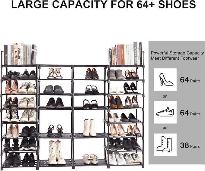 Mavivegue Extra Large Shoe Rack, 8 Tier 4 Rows 72-76 Pairs Big Tall Metal Shoe - Image 6