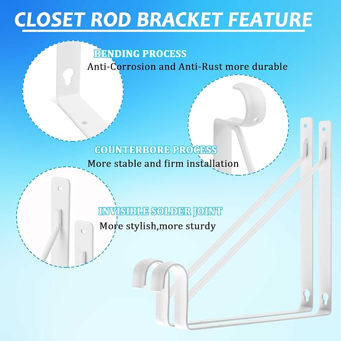 8 Pack Heavy Duty Closet Shelf Rod Brackets 11x11in, Wall Mount Closet Pole - Image 3