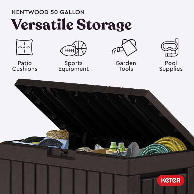 Keter Kentwood 50 Gal Outdoor Storage Box and Patio Side Table | Brown - Image 4