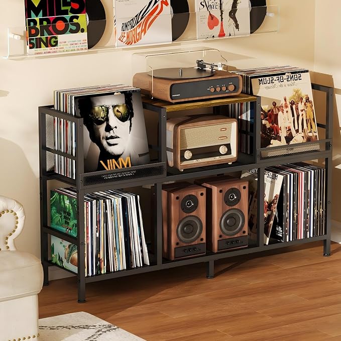 Record Player Stand with Dual Display Bins Storage - Image 6
