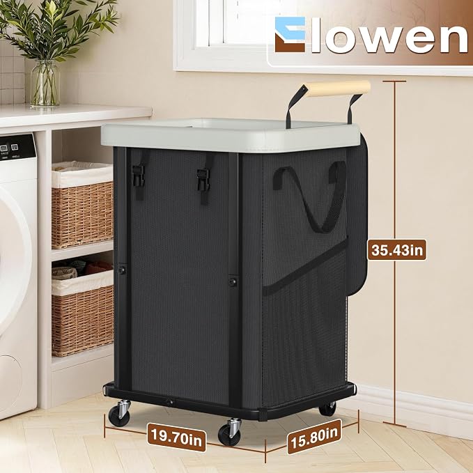 40 Gal Laundry Hamper with Lid, Leather Patchwork Laundry Baskets with Wheels - Image 6
