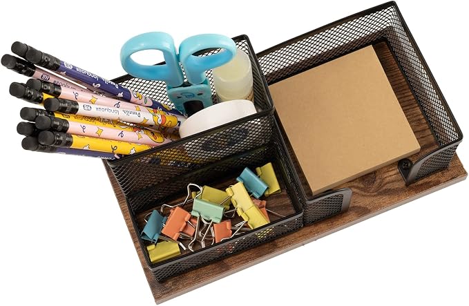 Antique Wood & Mesh Pen Holder Office Supplies Caddy, Storage Baskets - Image 3