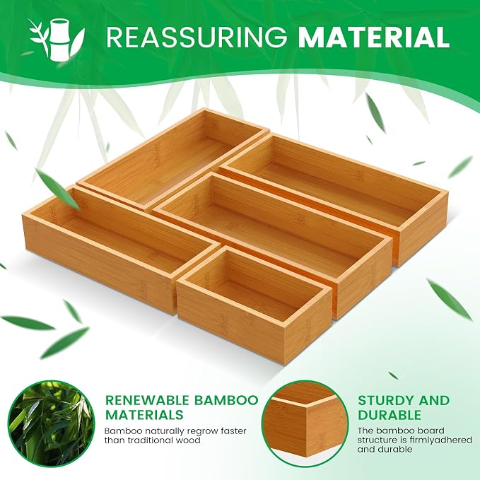 Bamboo Drawer Organizer Set, 5-Piece Storage Trays - Image 6