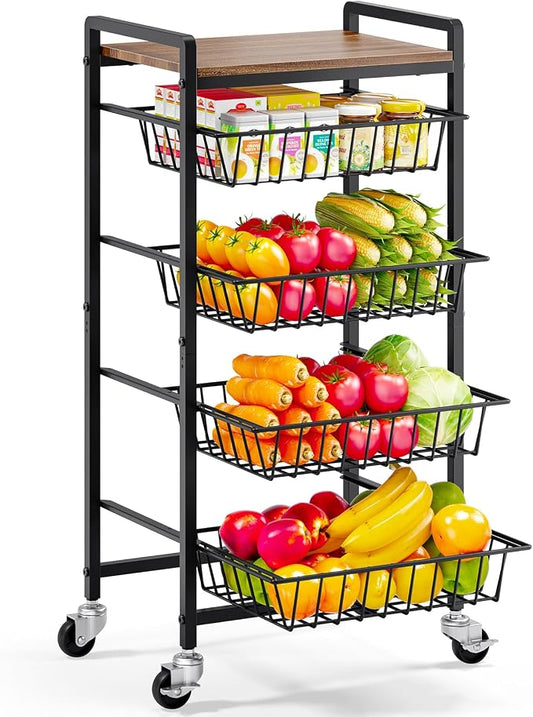 TOOLF 5 Tier Kitchen Storage Cart, Metal Utility Rolling Snack Cart | Wooden by TOOLF