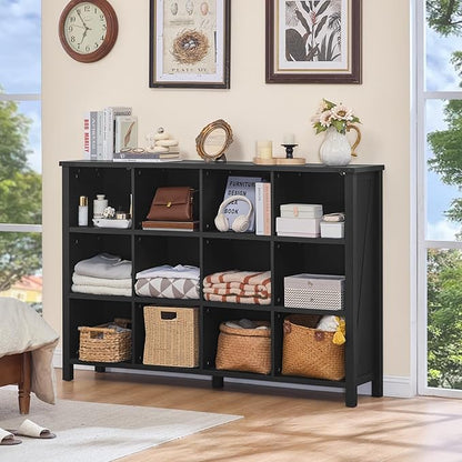Joaxswe 12 Cube Storage Organizer, Farmhouse 62 Inch Wide Black Oak Display - Image 7