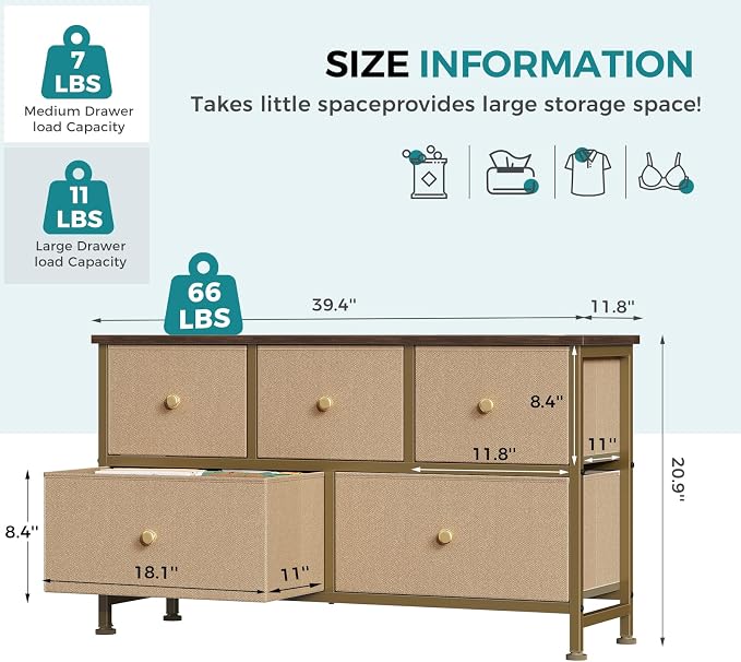 OLIXIS 5 Drawer Dresser for Bedroom, Storage Organizer for Closet, Khaki | - Image 3