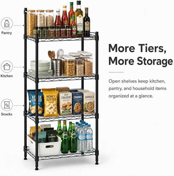 4 Tier Storage Shelves, Metal Wire Shelving Unit, Heavy Duty Adjustable Shelf - Image 3