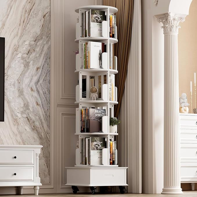 72" Solid Wood Rotating Bookshelf Tower on Wheels, 5-Tier Spinning Bookcase by Unknown