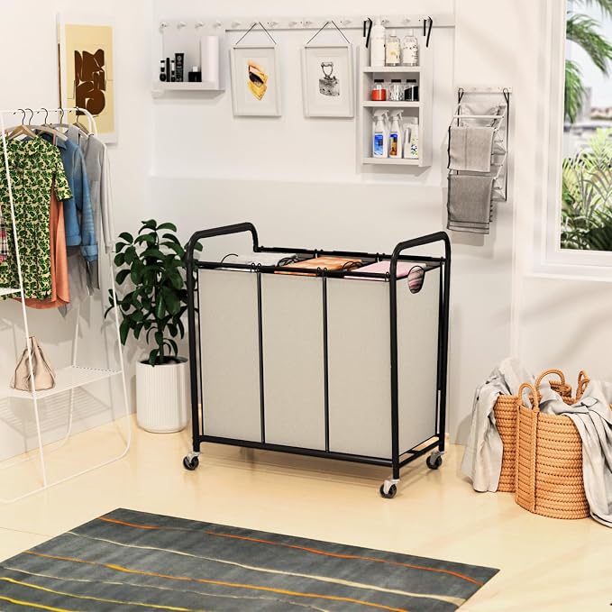 180L Laundry Sorter 3 Section, Rolling Laundry Basket - Image 7