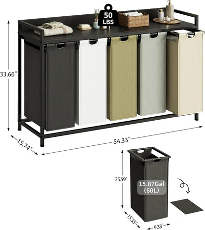 Laundry Hamper with Shelf, Laundry Basket 5 Section, Laundry Sorter with - Image 4