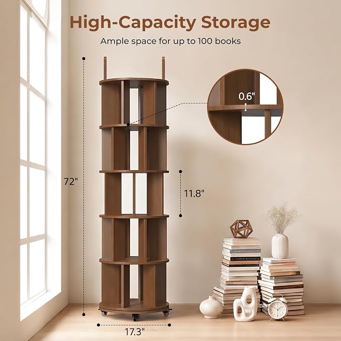 Kryonix 5 Tier Solid Wood Rotating Bookshelf on Wheels, Spinning Bookcase | - Image 2