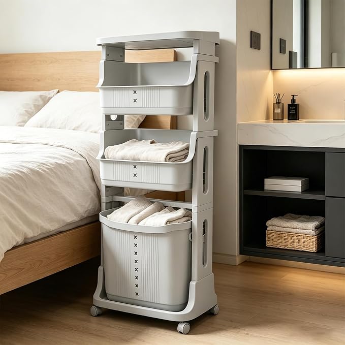 4-Tier Floor Standing Laundry Hampers on Wheels, Rolling Laundry Cart - Image 2