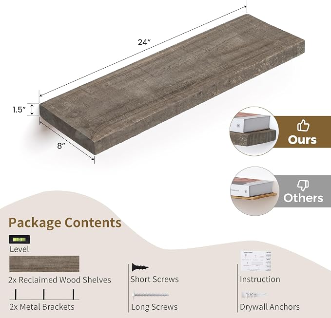 Floating Shelves, 8 Inch Deep Rustic Solid Reclaimed Wood Wall Shelves - Image 3