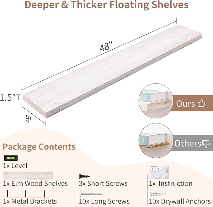 Axeman Floating Shelves for Wall, Rustic Elm Wood 48''W x 8" D Wall Shelf - Image 2