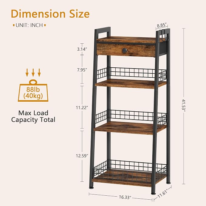 4-Tier Ladder Shelf with Drawer, Bathroom Stand Floor Storage Shelf, - Image 3
