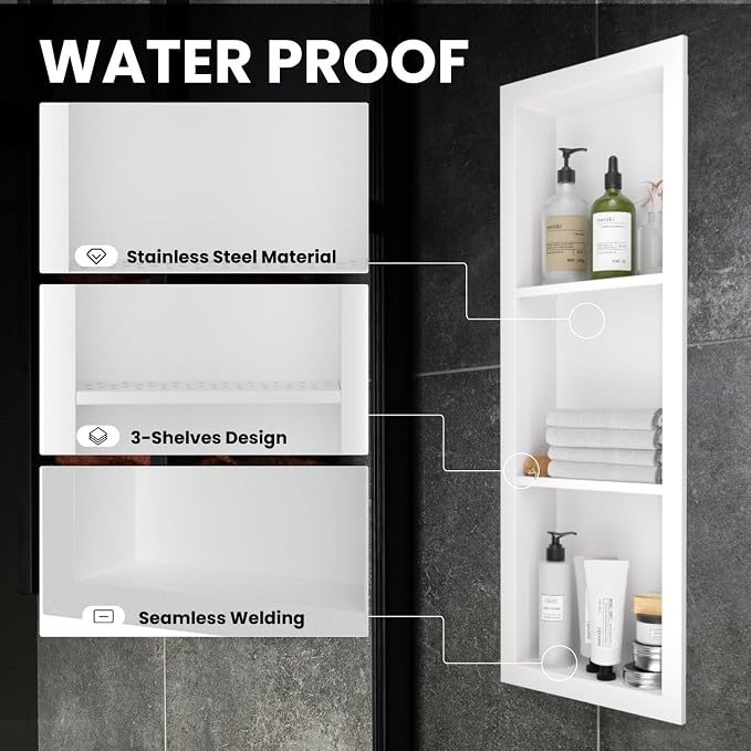12" x 36" Stainless Steel Shower Niche, 3-Tier Waterproof Shelves, No-Tile - Image 4