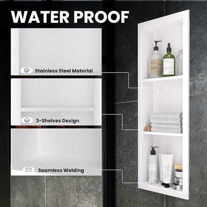 12" x 36" Stainless Steel Shower Niche, 3-Tier Waterproof Shelves, No-Tile - Image 4