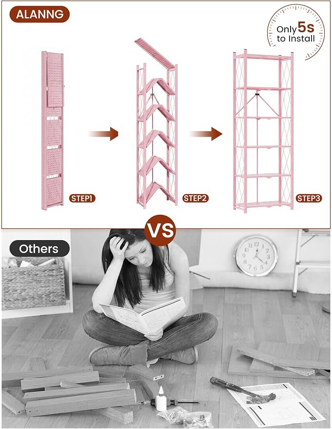 ALANNG 73.6 Inch Folding Bookshelf, 6 Tier Metal Bookcase and Bookshelves | - Image 4