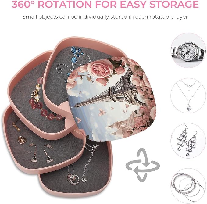 Paris Eiffel Tower Flower Jewelry Box 360°Rotating Storage Boxes Small Travel - Image 4