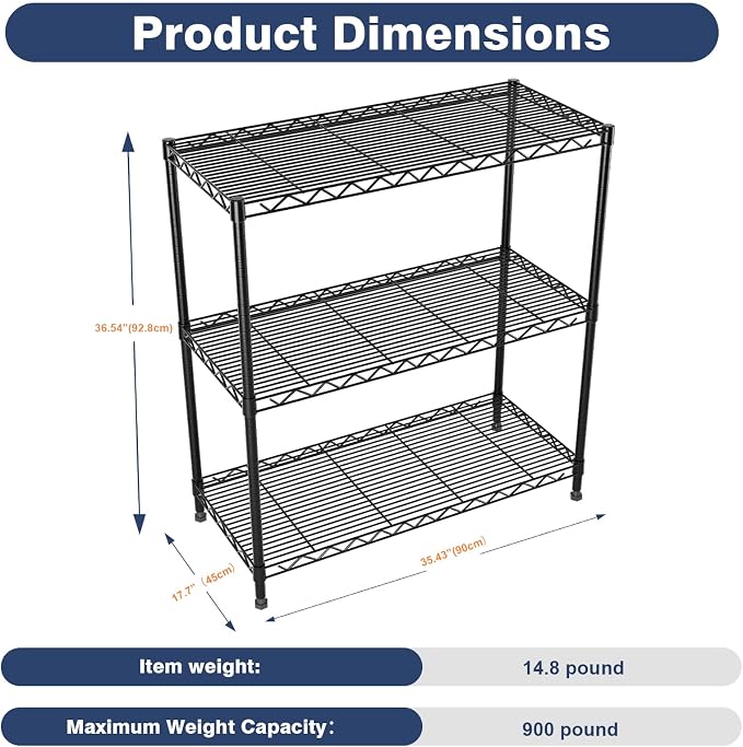 3 Tier Wire Shelf, Height Adjustable Design, 35.4"Wx17.7Dx36.5H, Lockable - Image 2