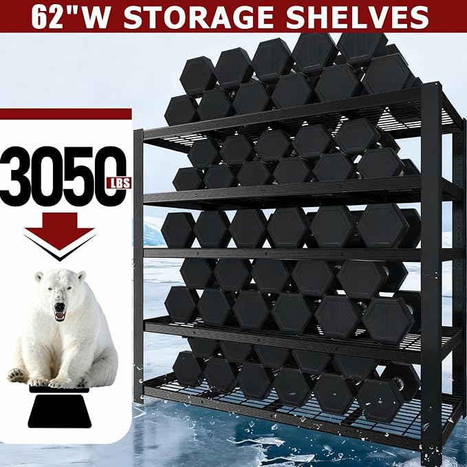 62" W 3050LBS Storage Shelves Unit, 5 Tier Heavy Duty Metal Shelving Unit and - Image 4