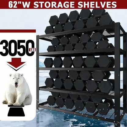 62" W 3050LBS Storage Shelves Unit, 5 Tier Heavy Duty Metal Shelving Unit and - Image 4