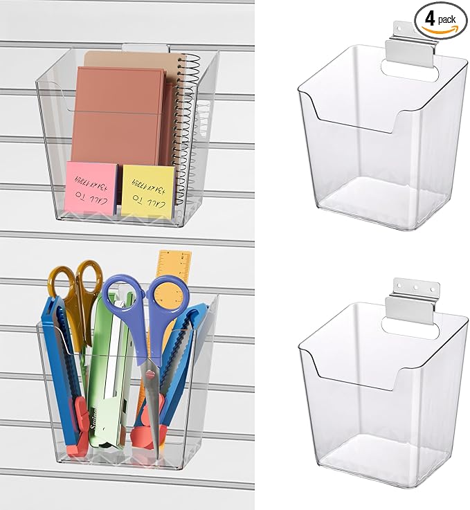 Clear Slatwall Bins, 4 Pack Slat Wall Accessories Cups Hooks Assemble Set Fit by LIGHTDUST
