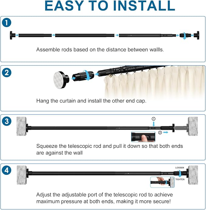 AIZESI 41-86 Inch Heavy Duty Black Tension Curtain Rod - Image 8