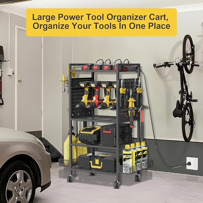 Power Tool Organizer Cart with Charging Station, Heavy Duty Garage Tool - Image 5