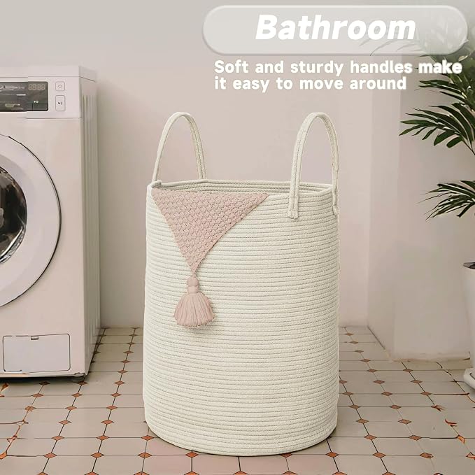 Large Woven Laundry Basket Hamper, 60L Cotton Rope Storage Bin - Image 5