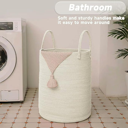 Large Woven Laundry Basket Hamper, 60L Cotton Rope Storage Bin - Image 5