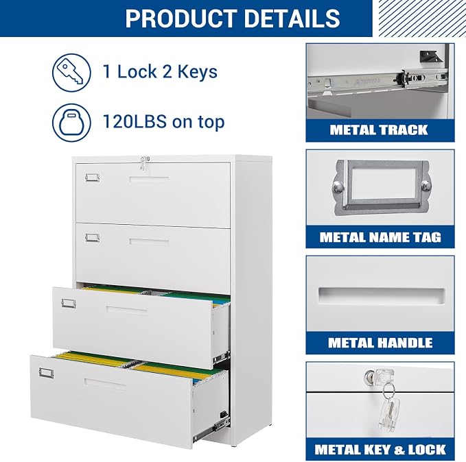 Lateral File Cabinet with Lock, 4 Drawer Large Metal Filing Cabinet, Home - Image 6