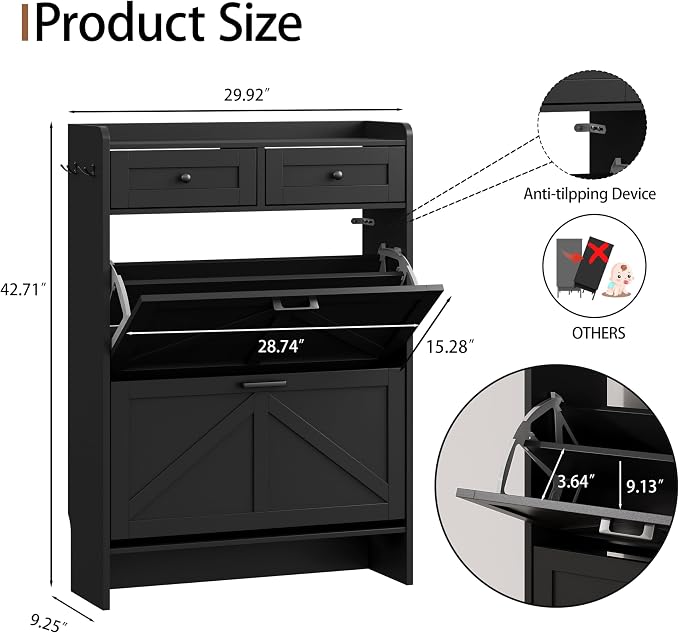 Shoe Cabinet with 2 Flip Drawers & 2 Top Drawers, Hidden Slim Shoe Rack - Image 2