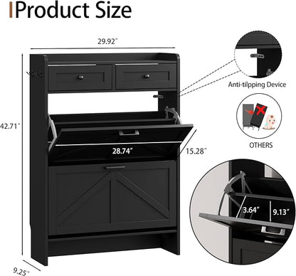 Shoe Cabinet with 2 Flip Drawers & 2 Top Drawers, Hidden Slim Shoe Rack - Image 2