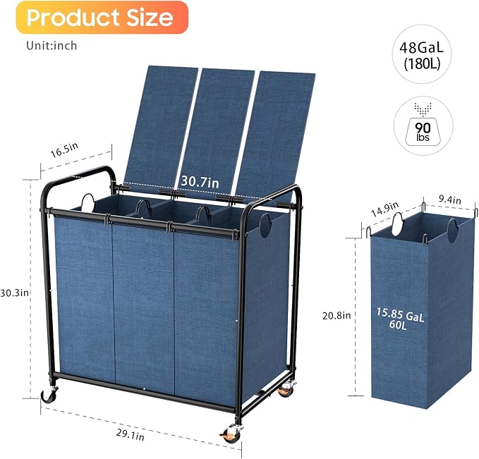 180L Laundry Sorter 3 Section, Rolling Laundry Basket - Image 2