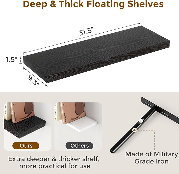 Fun Memories Black Floating Shelves 32 Inch Long, Rustic Wood Wall Mounted - Image 3