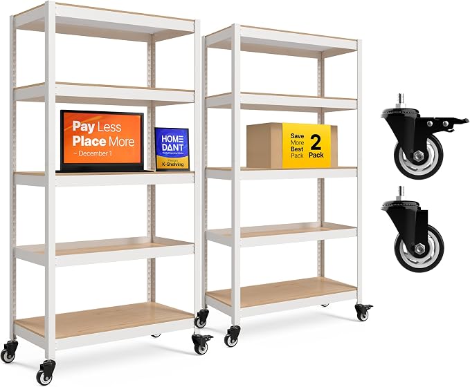 HOMEDANT House White 5-Tier Metal Rolling Cart Shelf Rack Casters Heavy Duty by TheBestOrganizingSolution