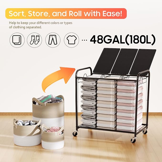 180L Laundry Sorter 3 Section, Rolling Laundry Basket - Image 6