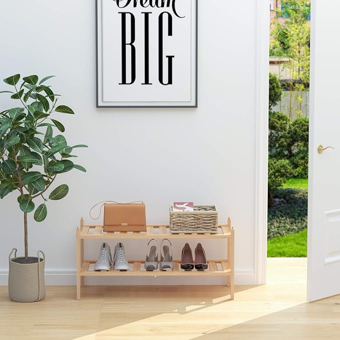 Shoe Rack, 2-Tier Bamboo Stackable Shelf Storage Organizer, Stand - Image 2