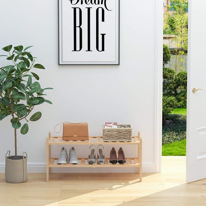 Shoe Rack, 2-Tier Bamboo Stackable Shelf Storage Organizer, Stand - Image 2