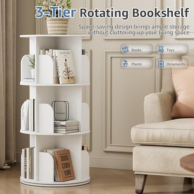 DUMOS 3 Tier Rotating Bookshelf Tower, Study Spinning Bookshelf - Image 3