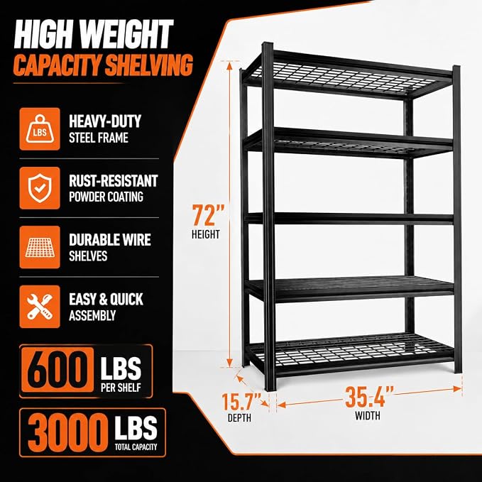 PRESTELION Garage Shelving 3000LBS Garage Storage Shelves 5-Tier Heavy Duty - Image 3