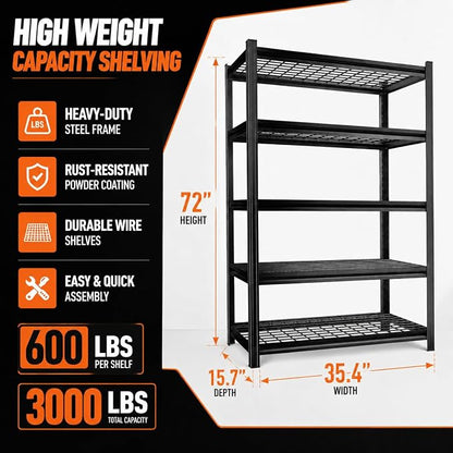 PRESTELION Garage Shelving 3000LBS Garage Storage Shelves 5-Tier Heavy Duty - Image 3