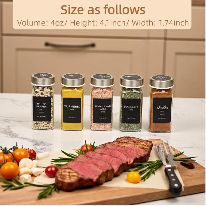 Glass Spice Jars with Stainless Steel Lids: 26 pcs 4oz Spice Containers with - Image 2