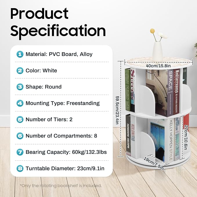 Rotating Bookshelf, 360° Spinning Bookcase - Image 2
