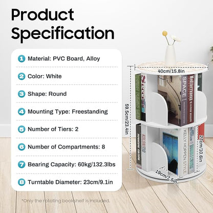 2-Tier Rotating Bookshelf 360° Revolving Bookcase, Floor Standing Bookcase Book - Image 2